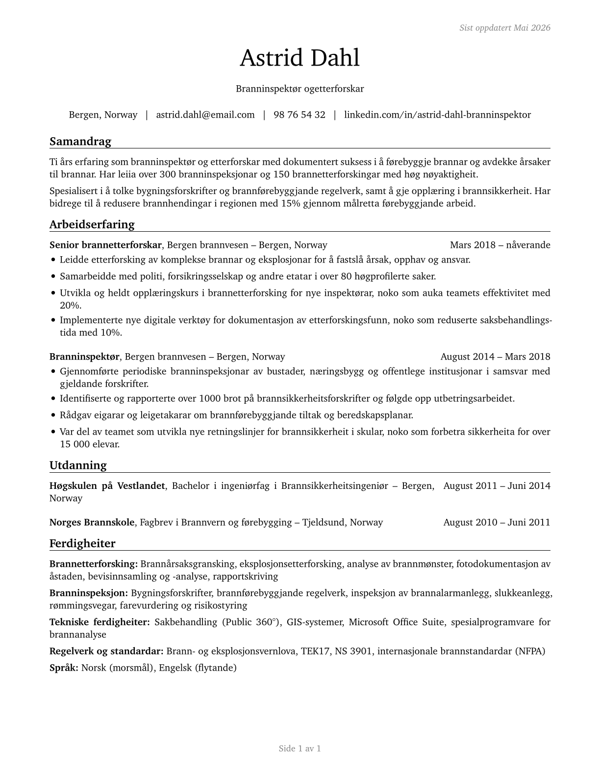 Fire Inspectors and Investigators CV in Norwegian_nynorsk — page 1