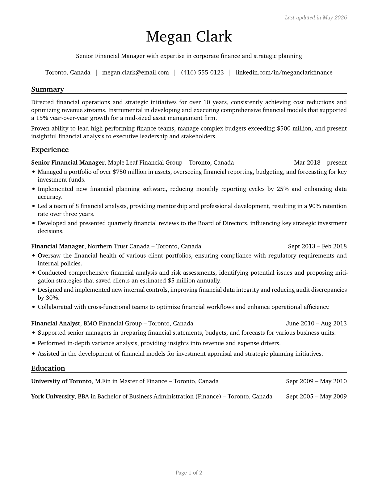 Financial Managers CV in English — page 1