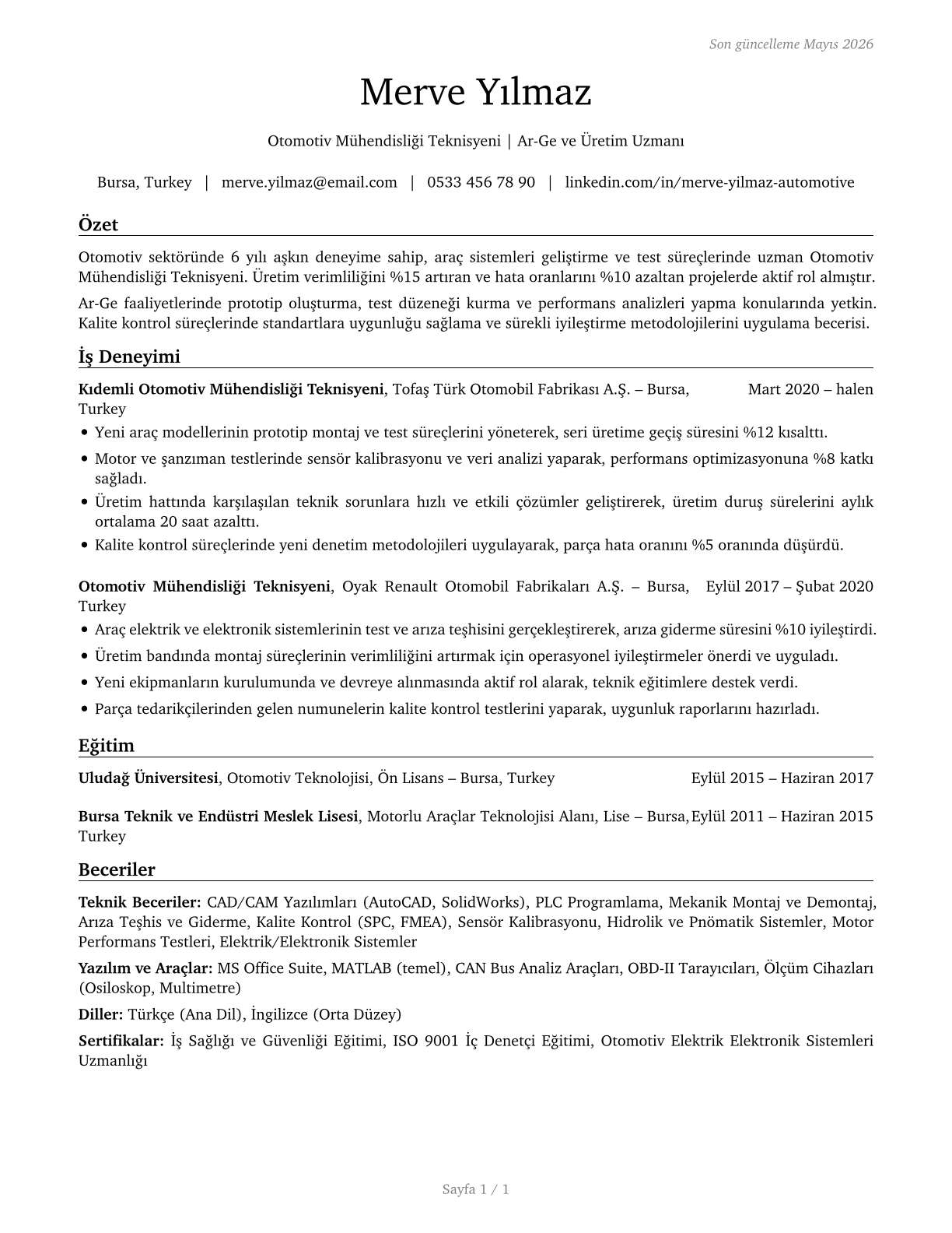 Automotive Engineering Technicians CV in Turkish — page 1