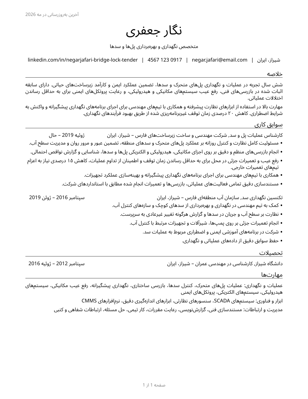 Bridge and Lock Tenders CV in Persian — page 1