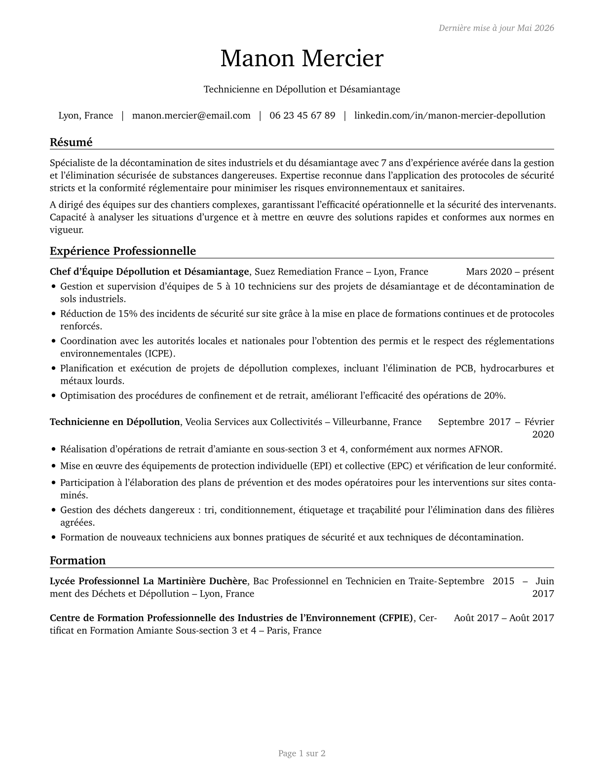 Hazardous Materials Removal Workers CV in French — page 1