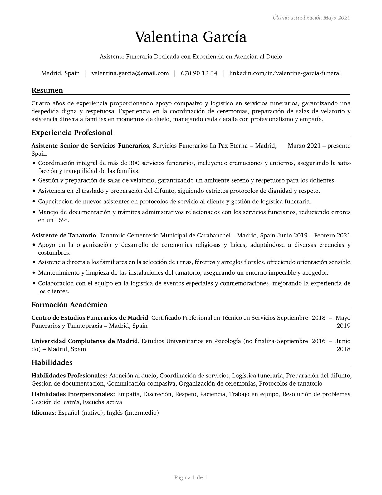 Funeral Attendants CV in Spanish — page 1