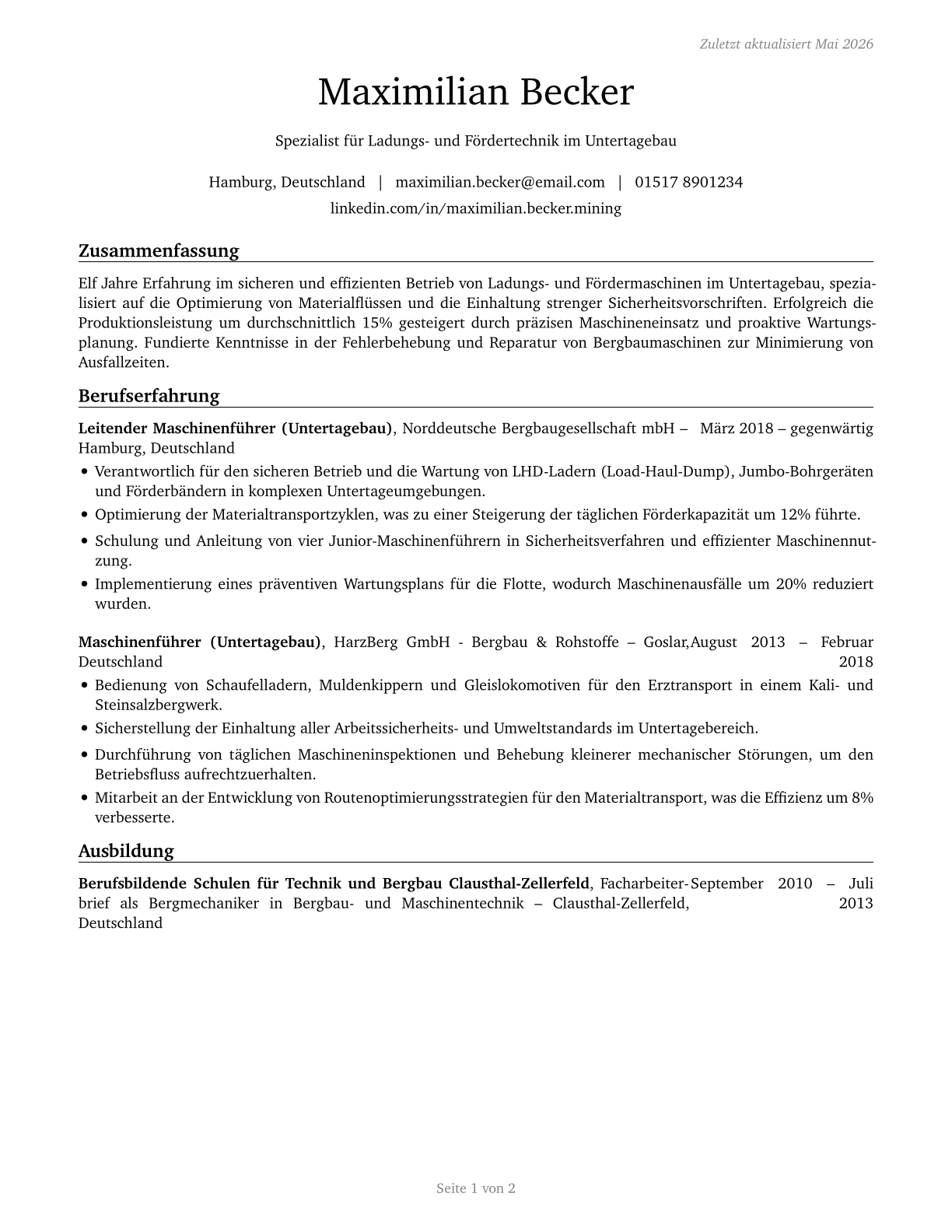 Loading and Moving Machine Operators, Underground Mining CV in German — page 1