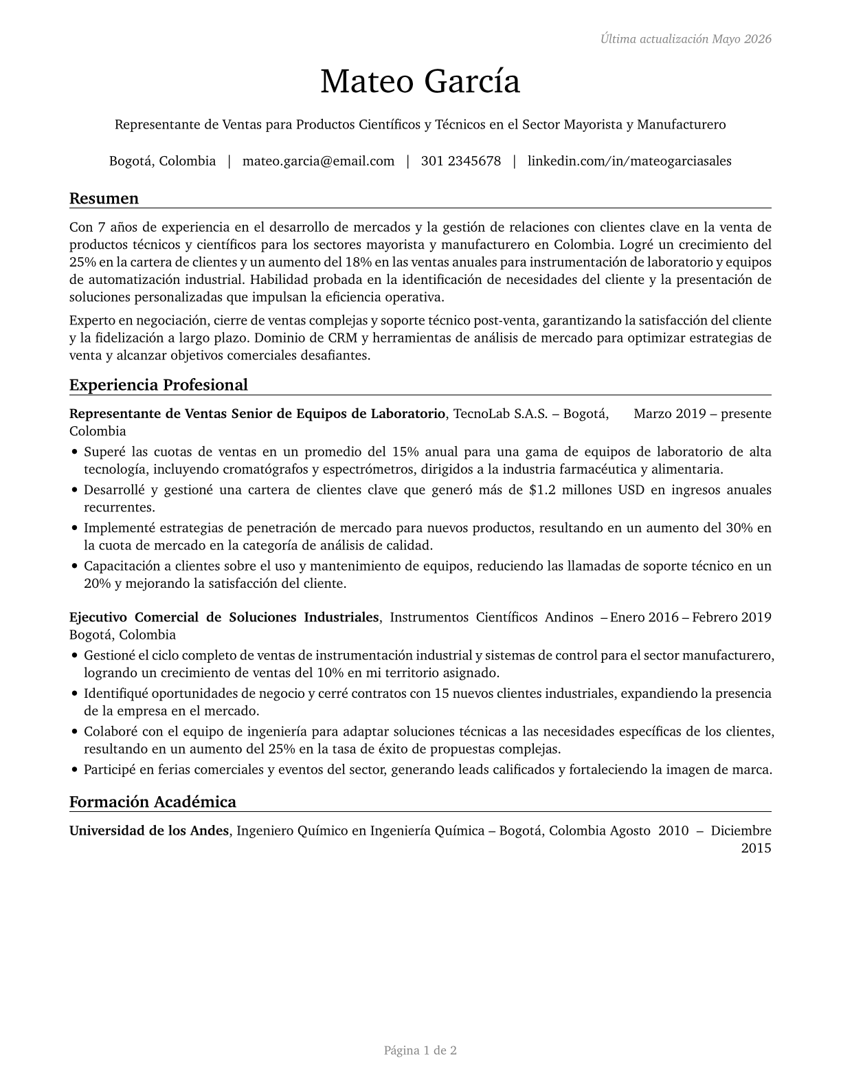 Sales Representatives, Wholesale and Manufacturing, Technical and Scientific Products CV in Spanish — page 1