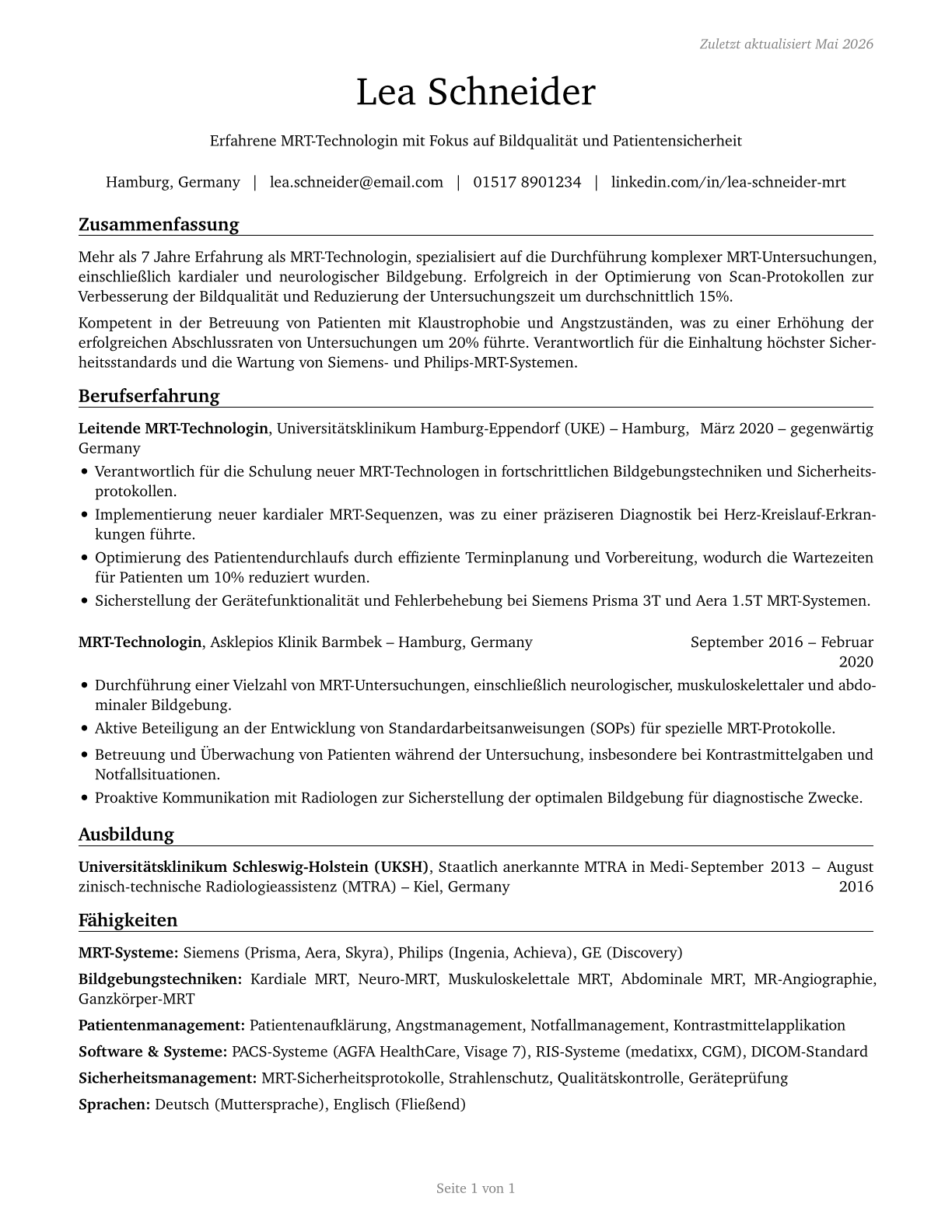 Magnetic Resonance Imaging Technologists CV in German — page 1