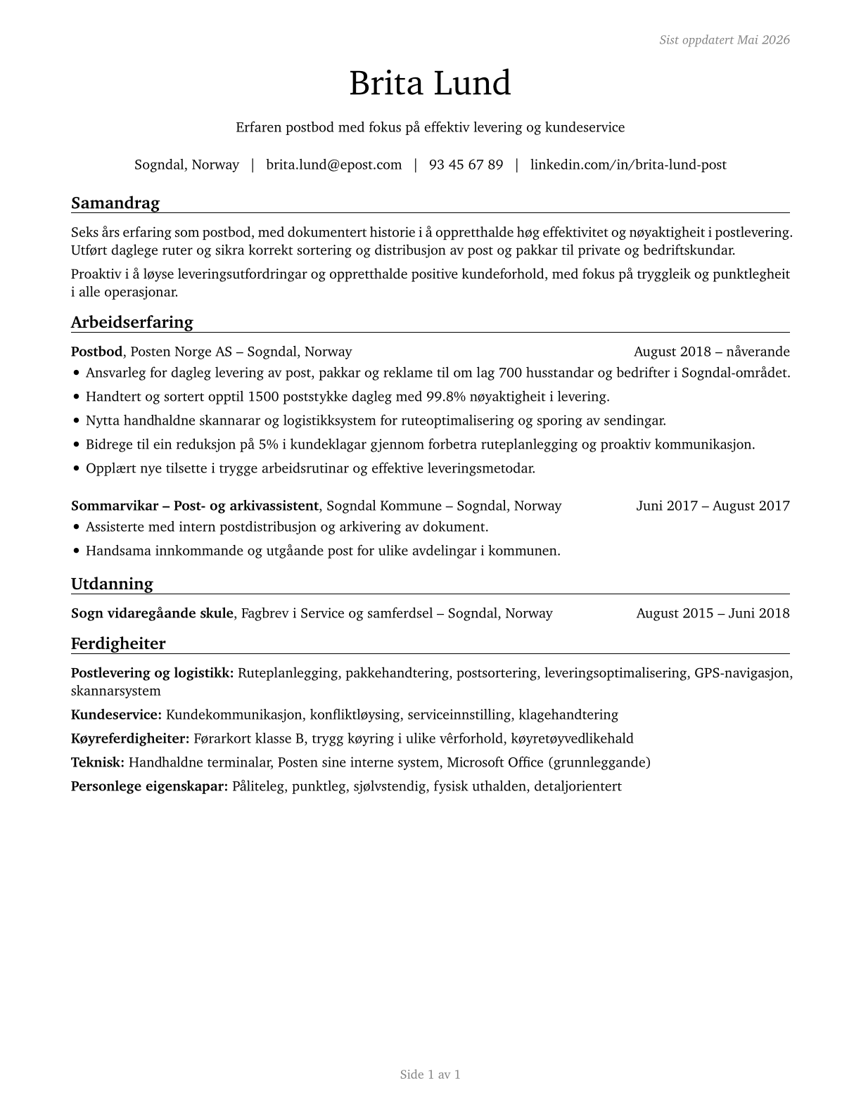 Postal Service Mail Carriers CV in Norwegian_nynorsk — page 1