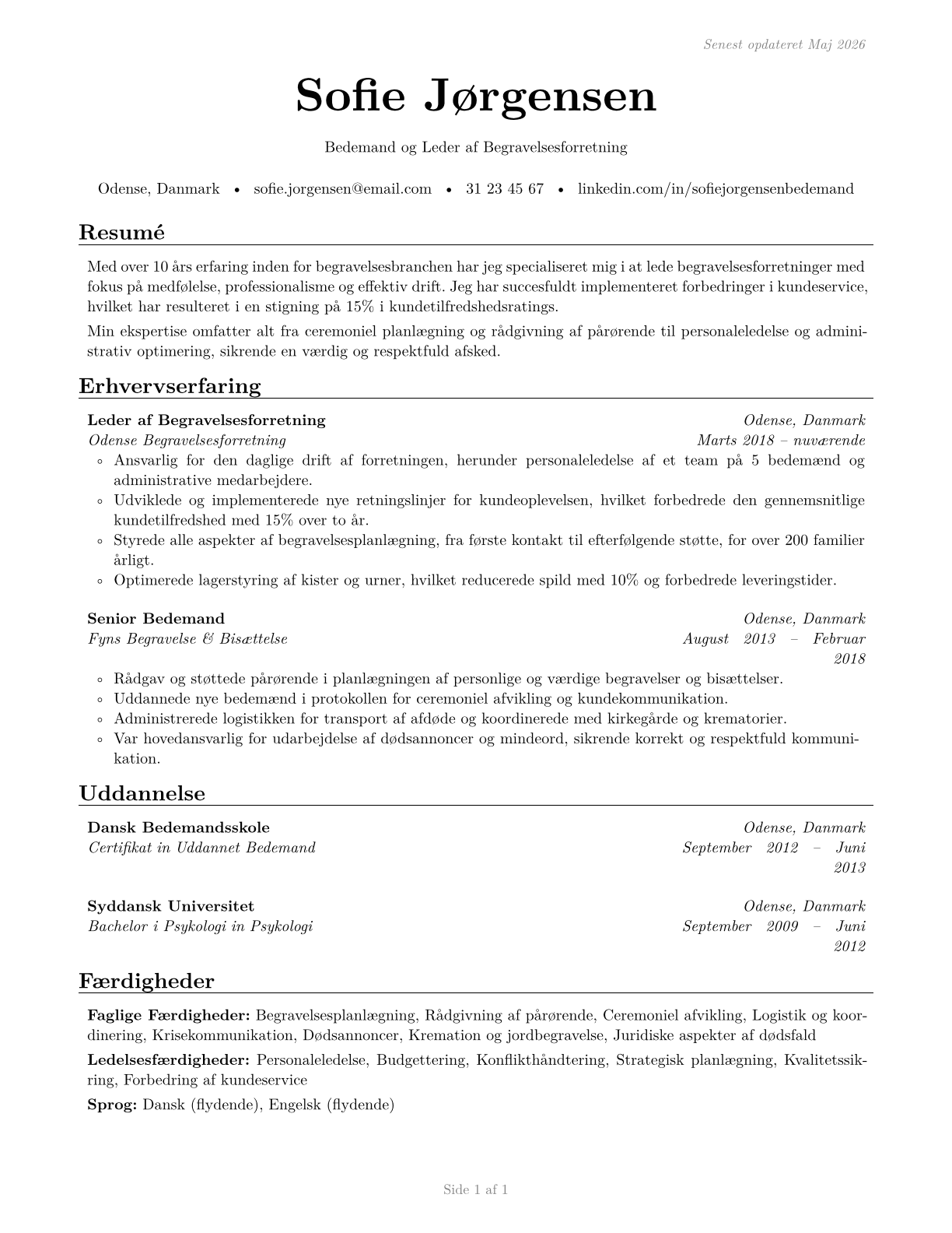 Funeral Home Managers CV in Danish — page 1