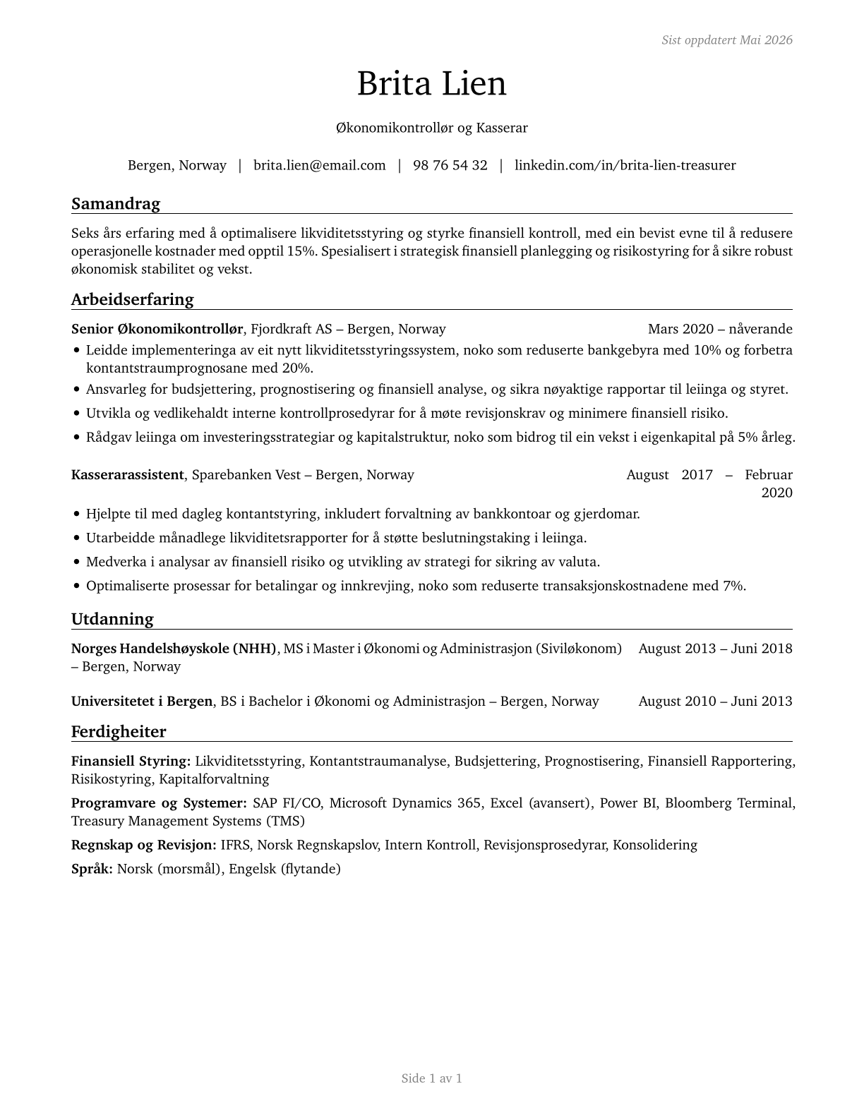 Treasurers and Controllers CV in Norwegian_nynorsk — page 1
