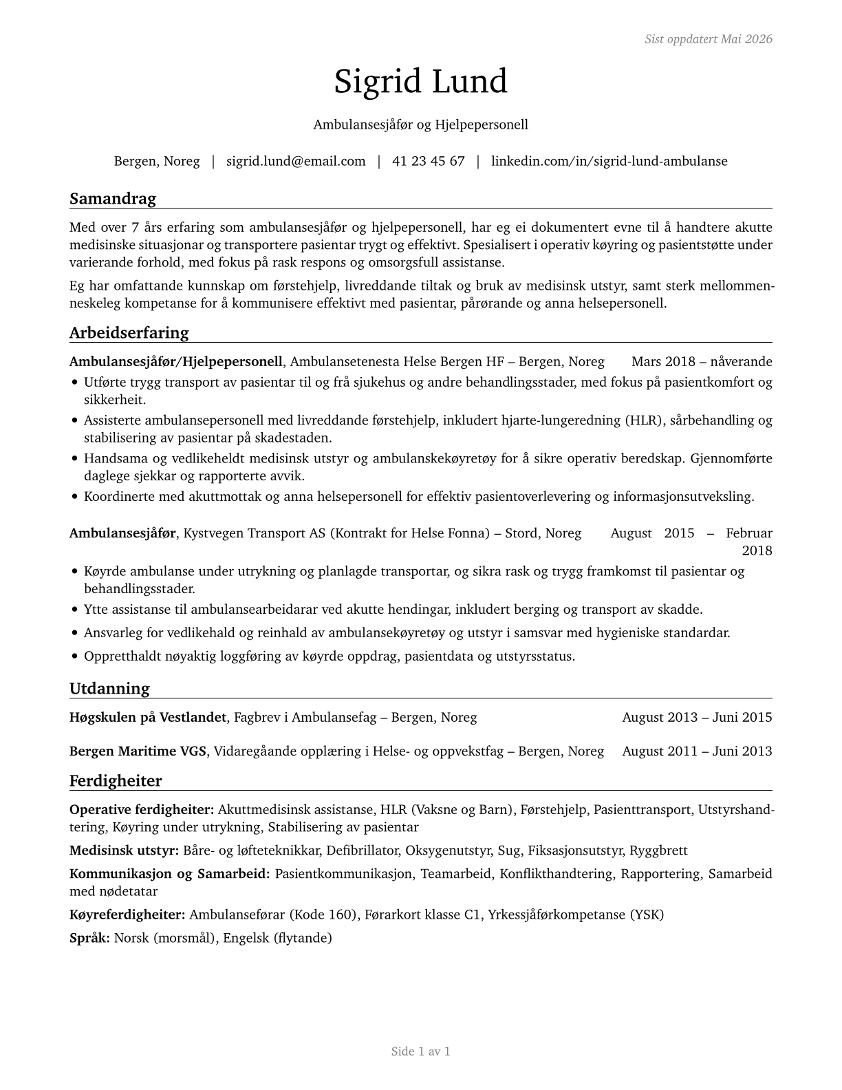 Ambulance Drivers and Attendants, Except Emergency Medical Technicians CV in Norwegian_nynorsk — page 1