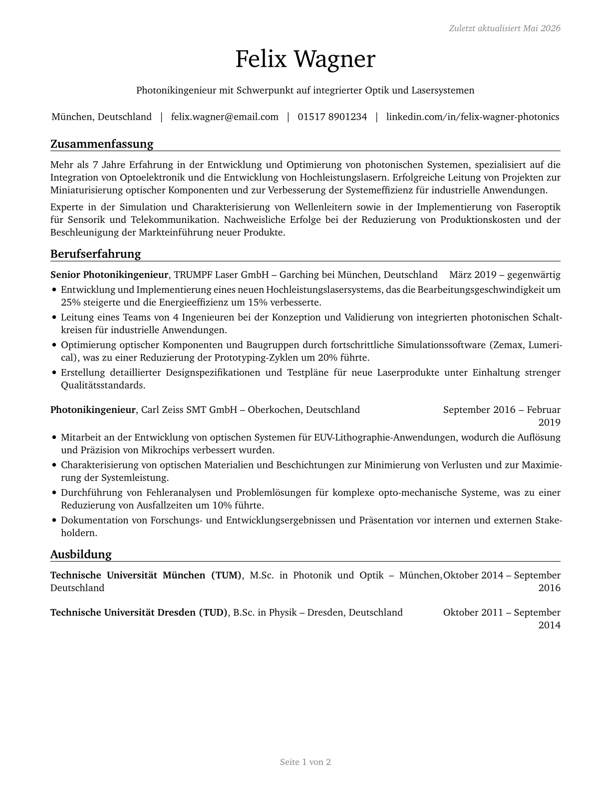 Photonics Engineers CV in German — page 1