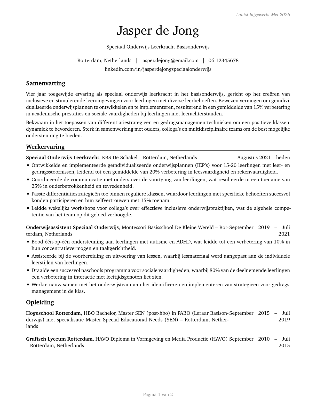 Special Education Teachers, Elementary School CV in Dutch — page 1