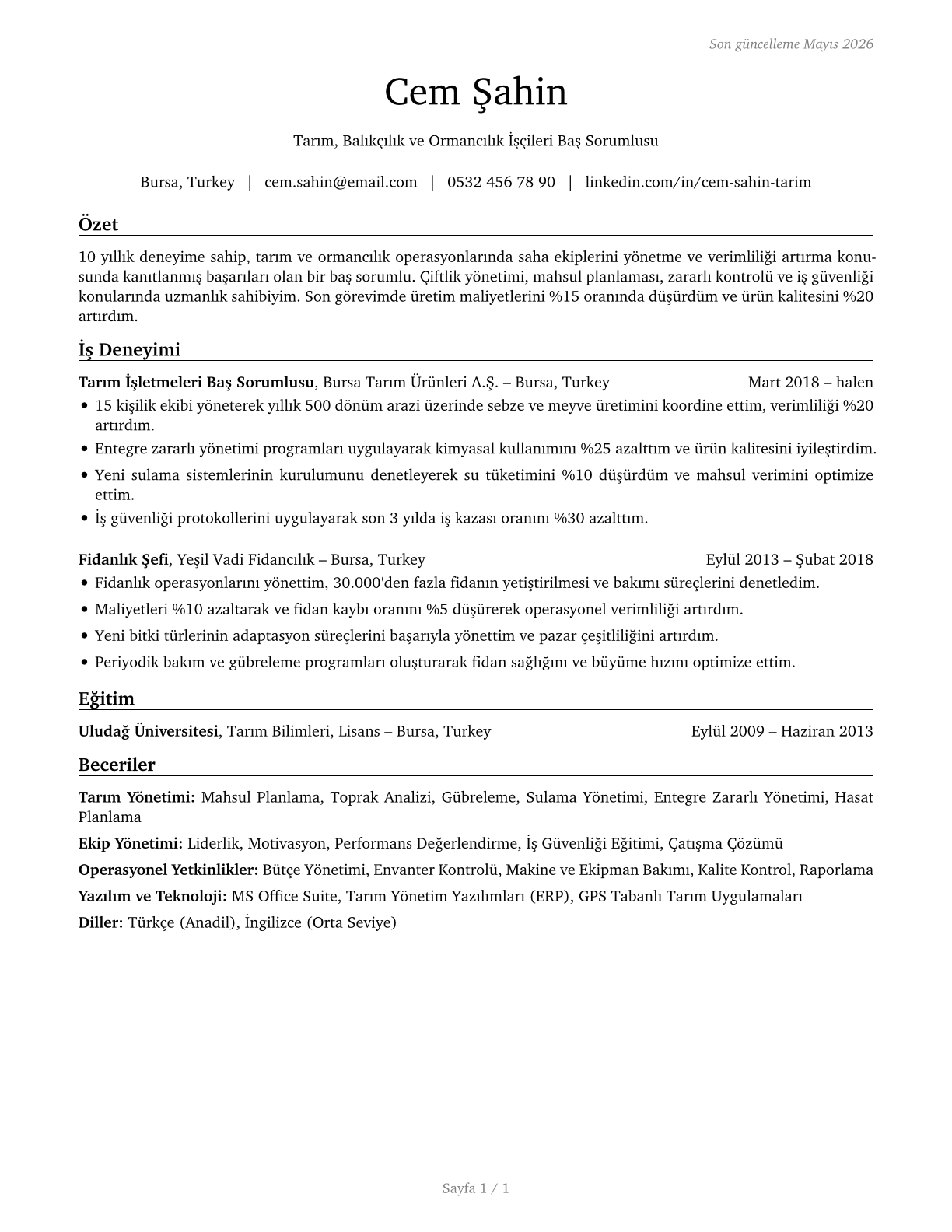 First-Line Supervisors of Farming, Fishing, and Forestry Workers CV in Turkish — page 1