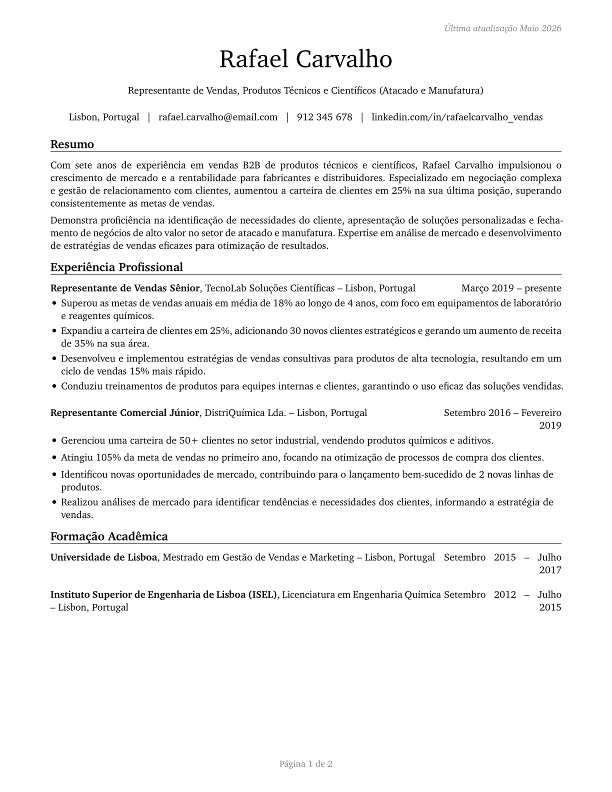 Sales Representatives, Wholesale and Manufacturing, Technical and Scientific Products CV in Portuguese — page 1