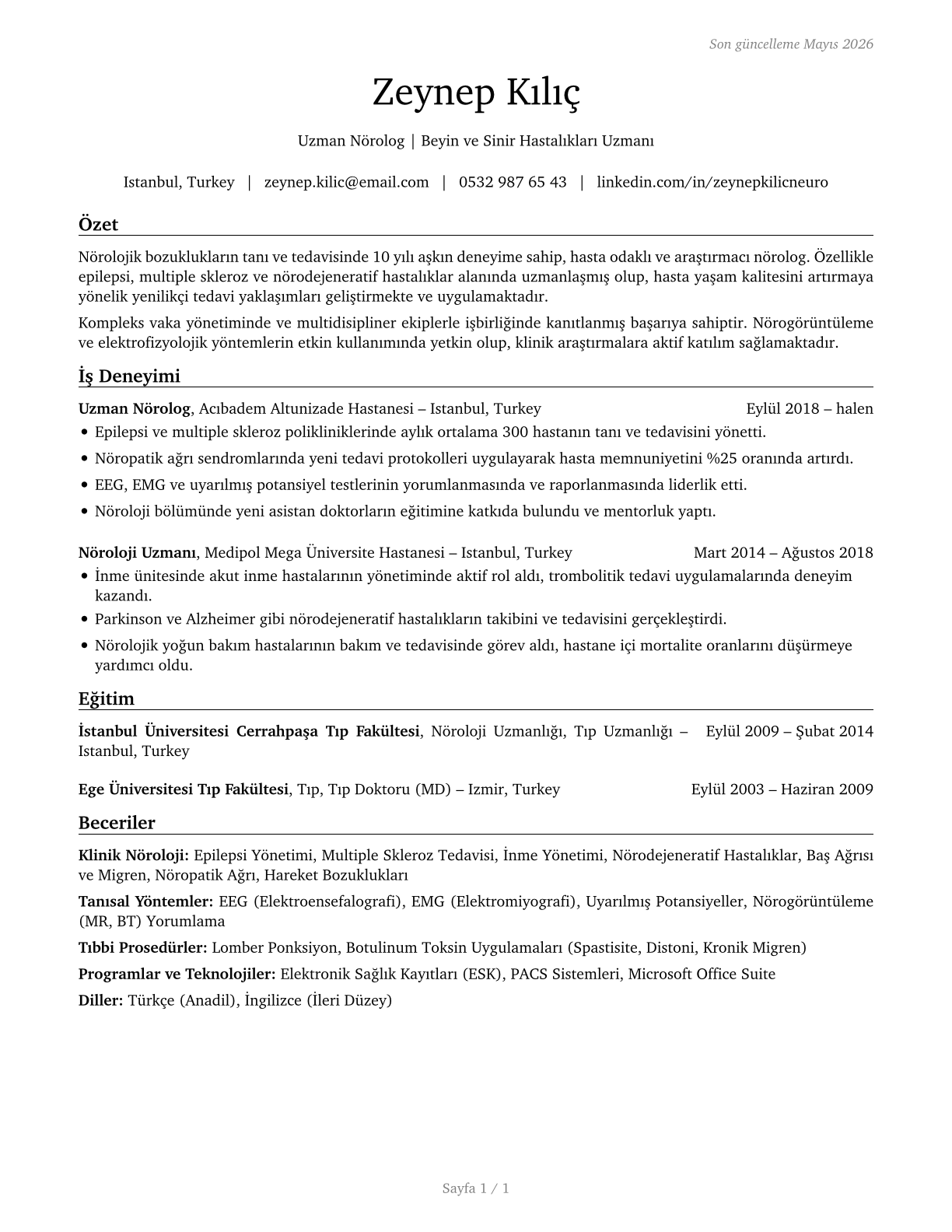 Neurologists CV in Turkish — page 1