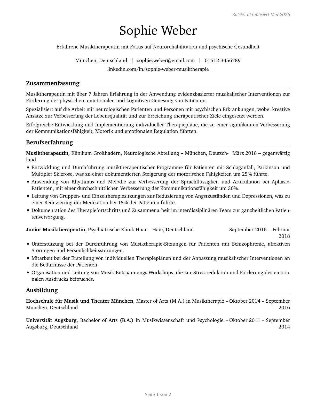 Music Therapists CV in German — page 1