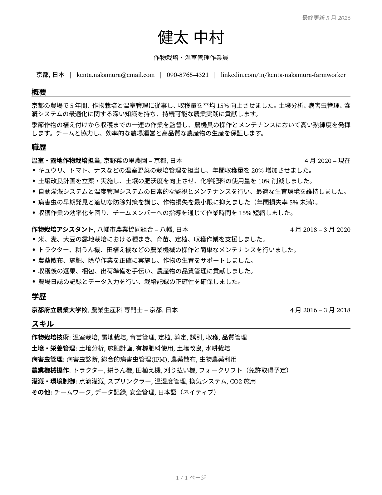 Farmworkers and Laborers, Crop, Nursery, and Greenhouse CV in Japanese — page 1