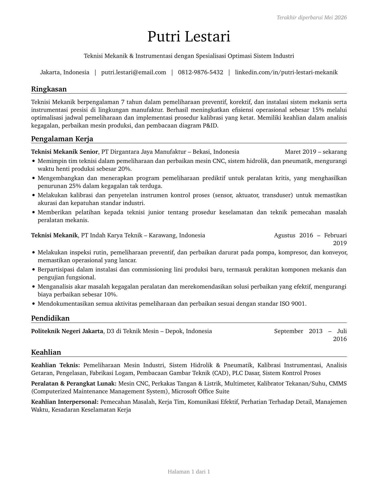 Mechanical Engineering Technologists and Technicians CV in Indonesian — page 1