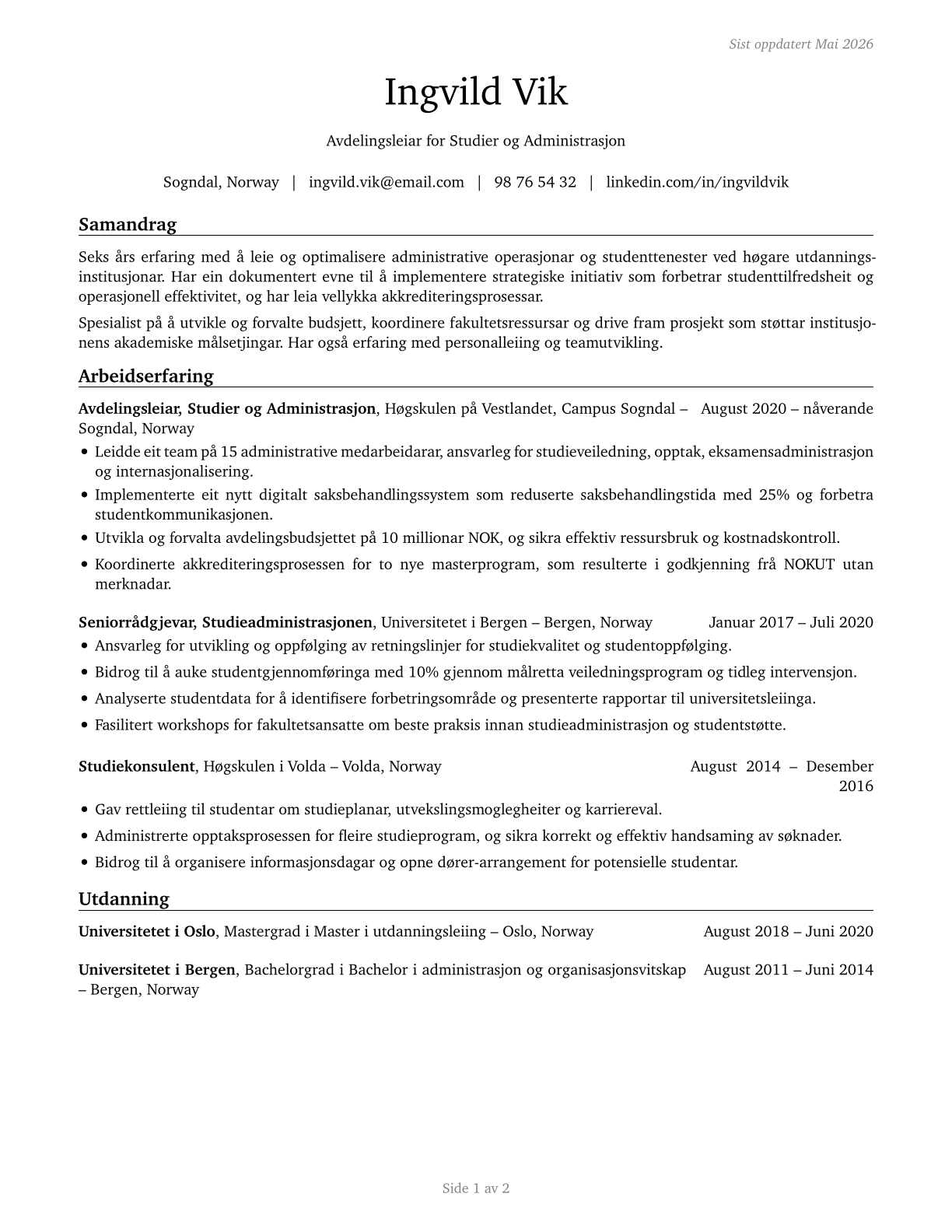 Education Administrators, Postsecondary CV in Norwegian_nynorsk — page 1
