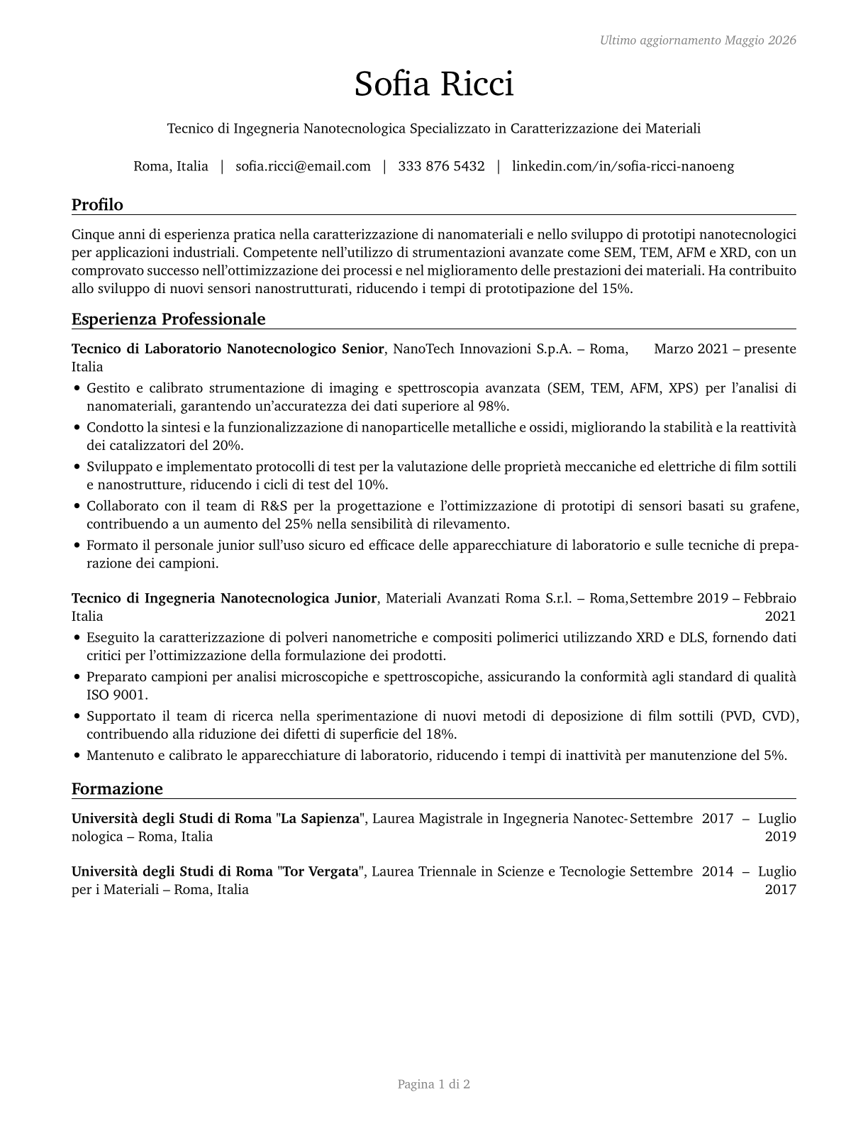 Nanotechnology Engineering Technologists and Technicians CV in Italian — page 1