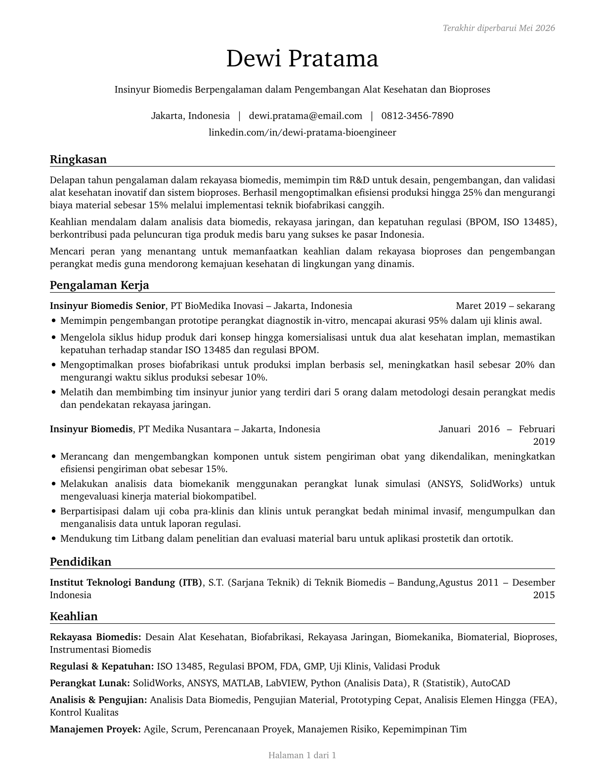 Bioengineers and Biomedical Engineers CV in Indonesian — page 1