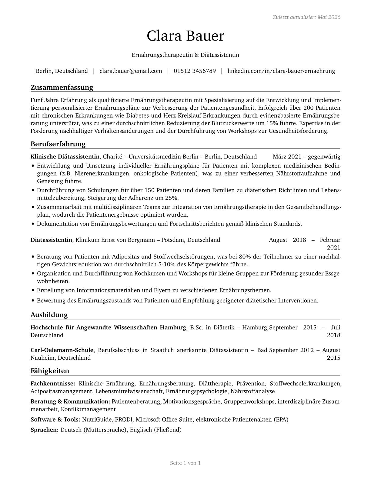 Dietitians and Nutritionists CV in German — page 1