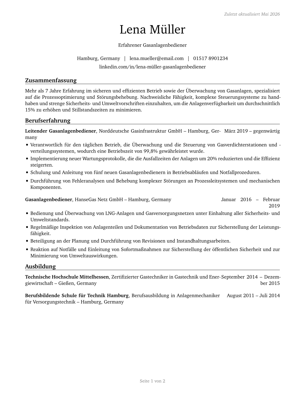 Gas Plant Operators CV in German — page 1