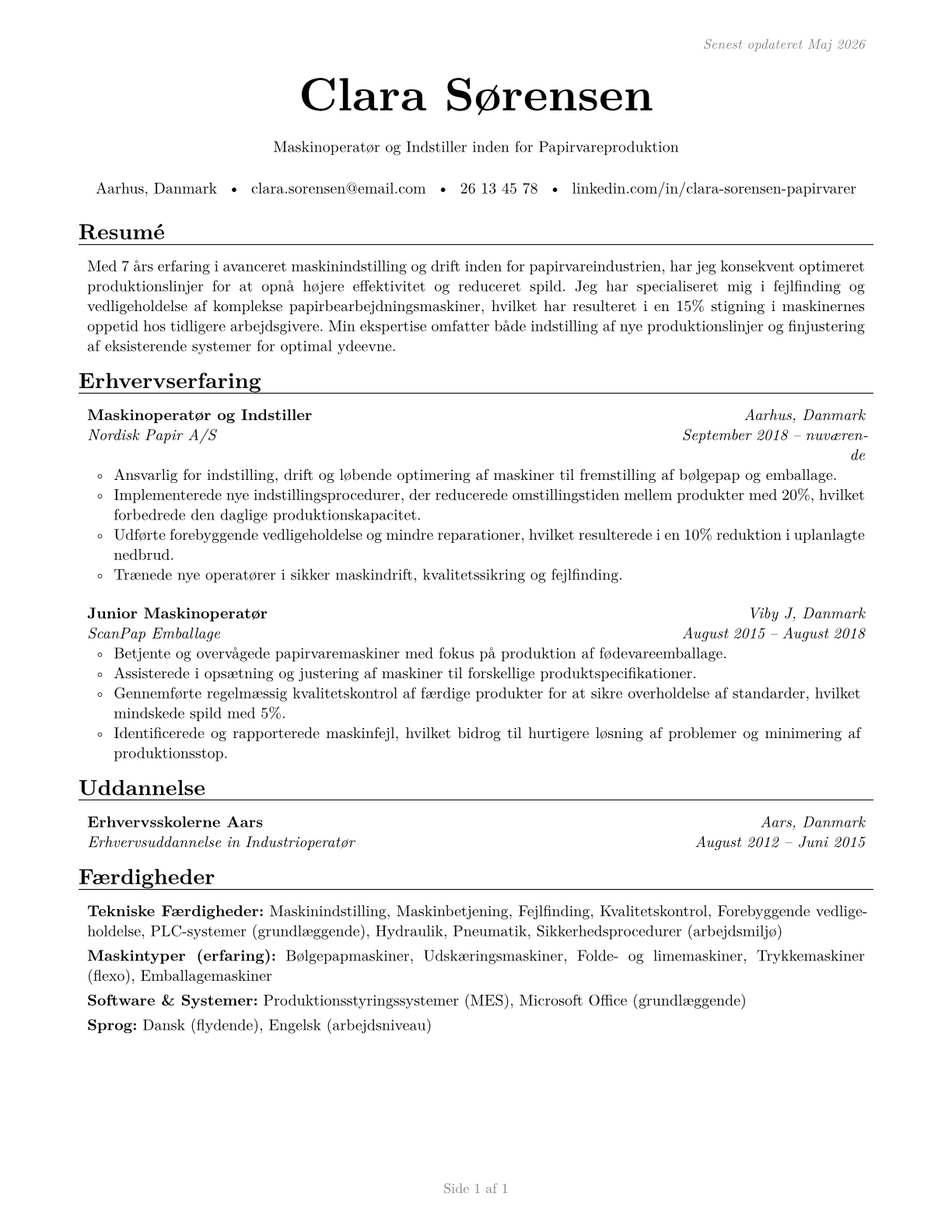 Paper Goods Machine Setters, Operators, and Tenders CV in Danish — page 1