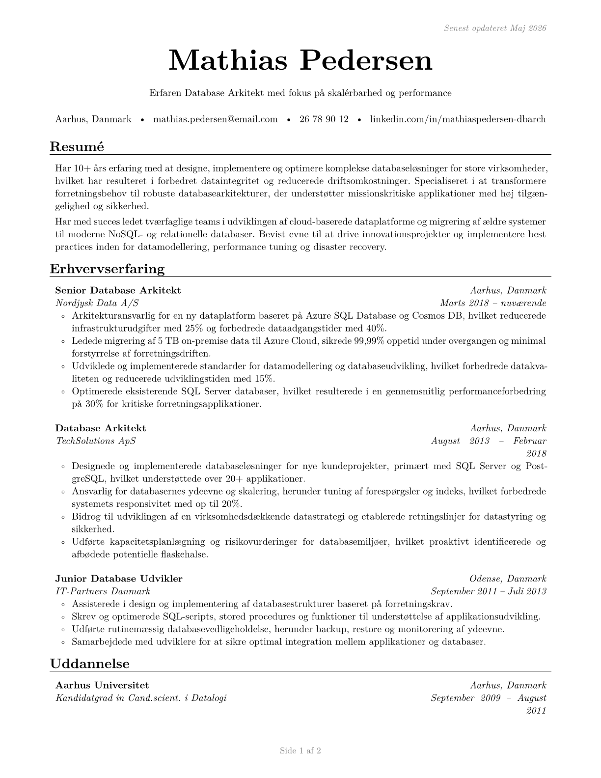 Database Architects CV in Danish — page 1