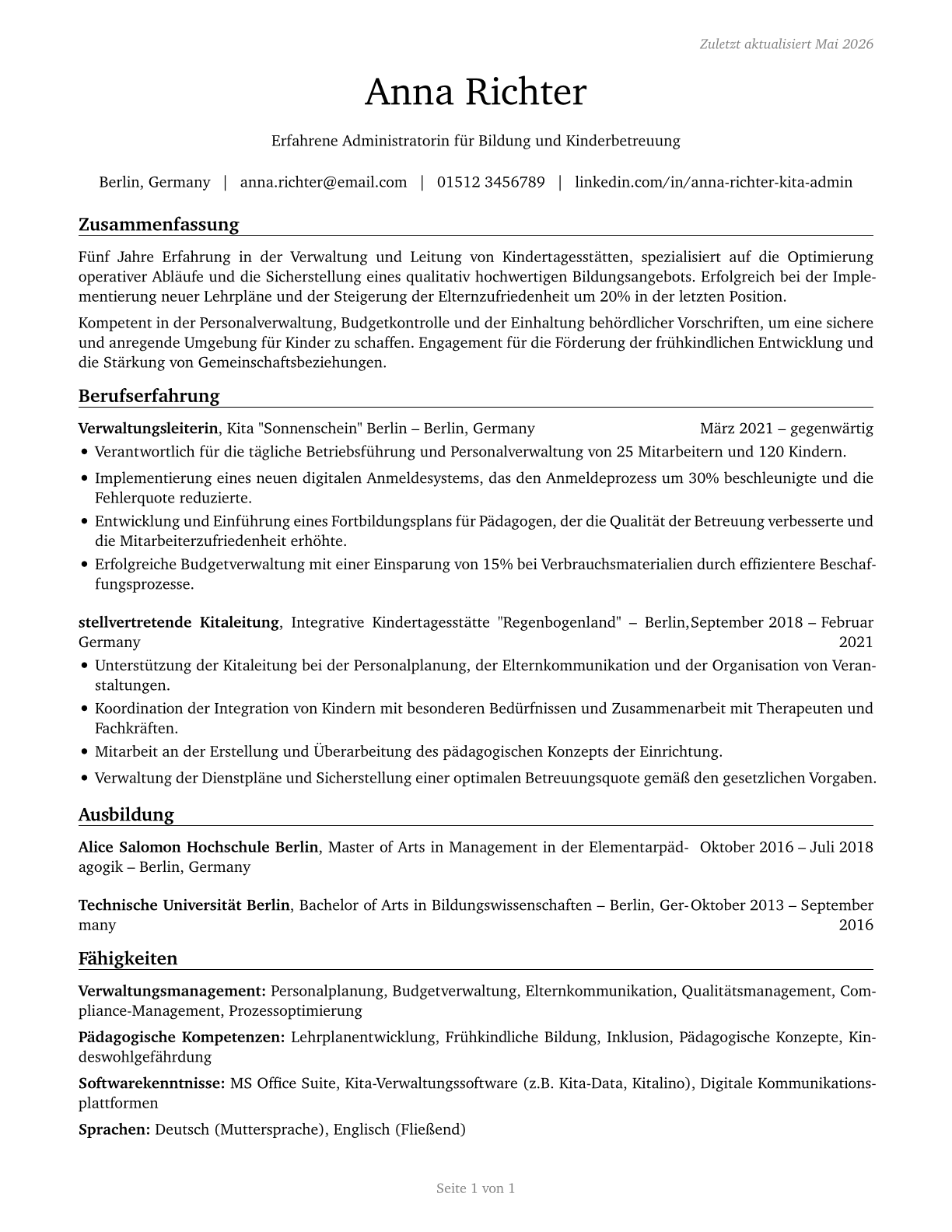Education and Childcare Administrators, Preschool and Daycare CV in German — page 1