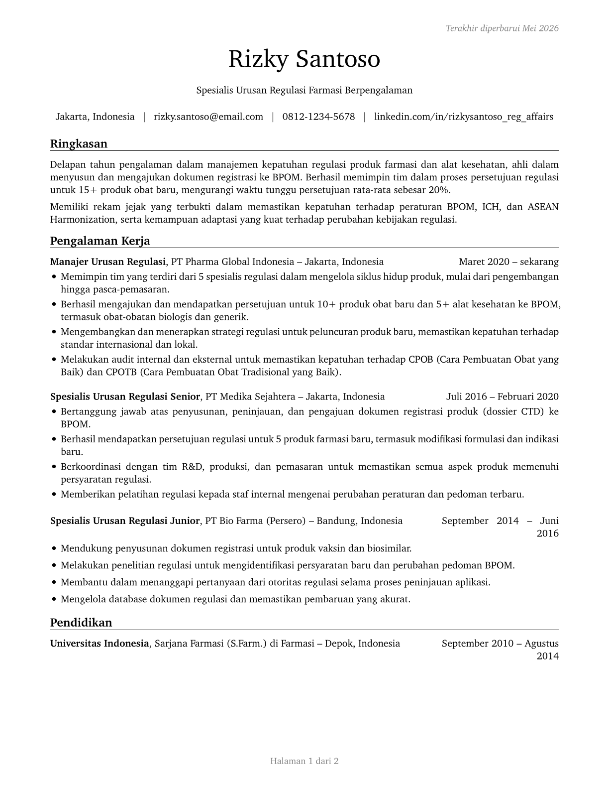 Regulatory Affairs Specialists CV in Indonesian — page 1