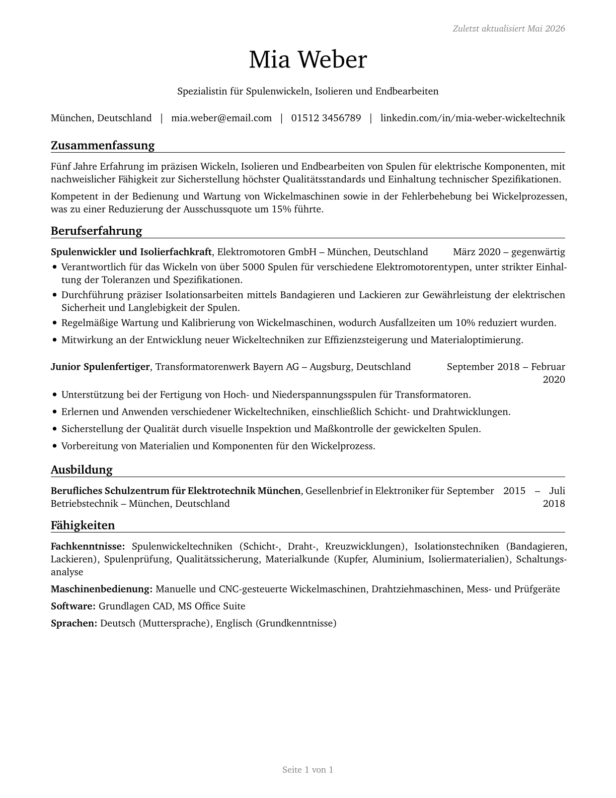 Coil Winders, Tapers, and Finishers CV in German — page 1