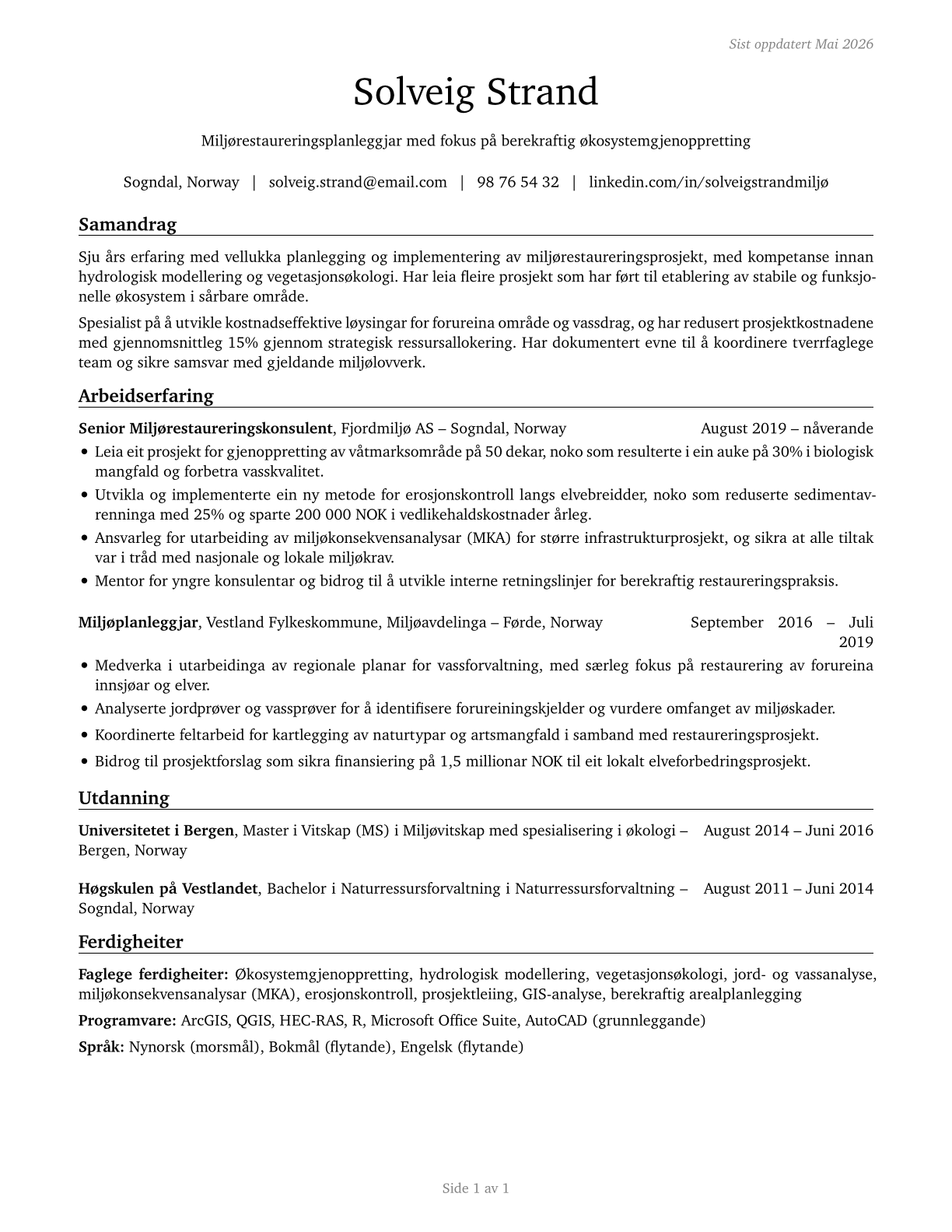 Environmental Restoration Planners CV in Norwegian_nynorsk — page 1