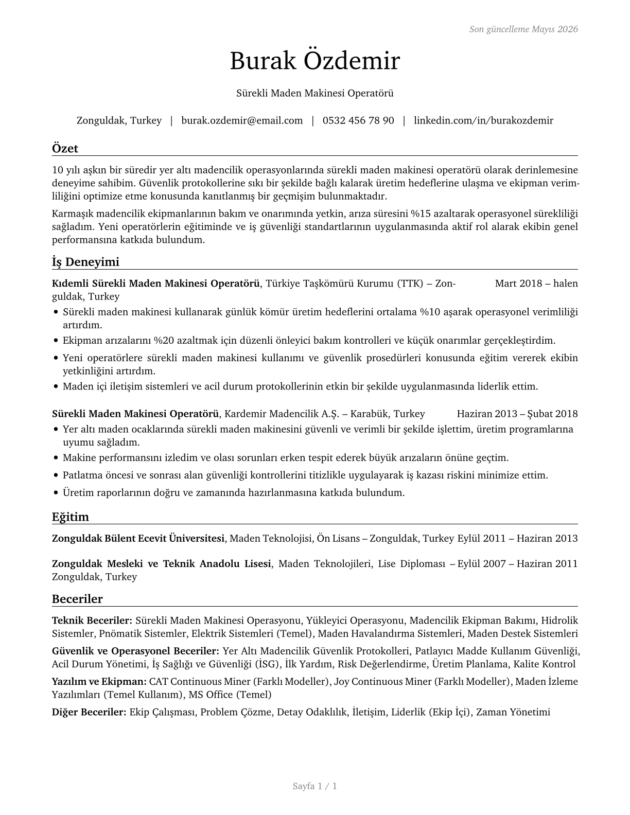 Continuous Mining Machine Operators CV in Turkish — page 1