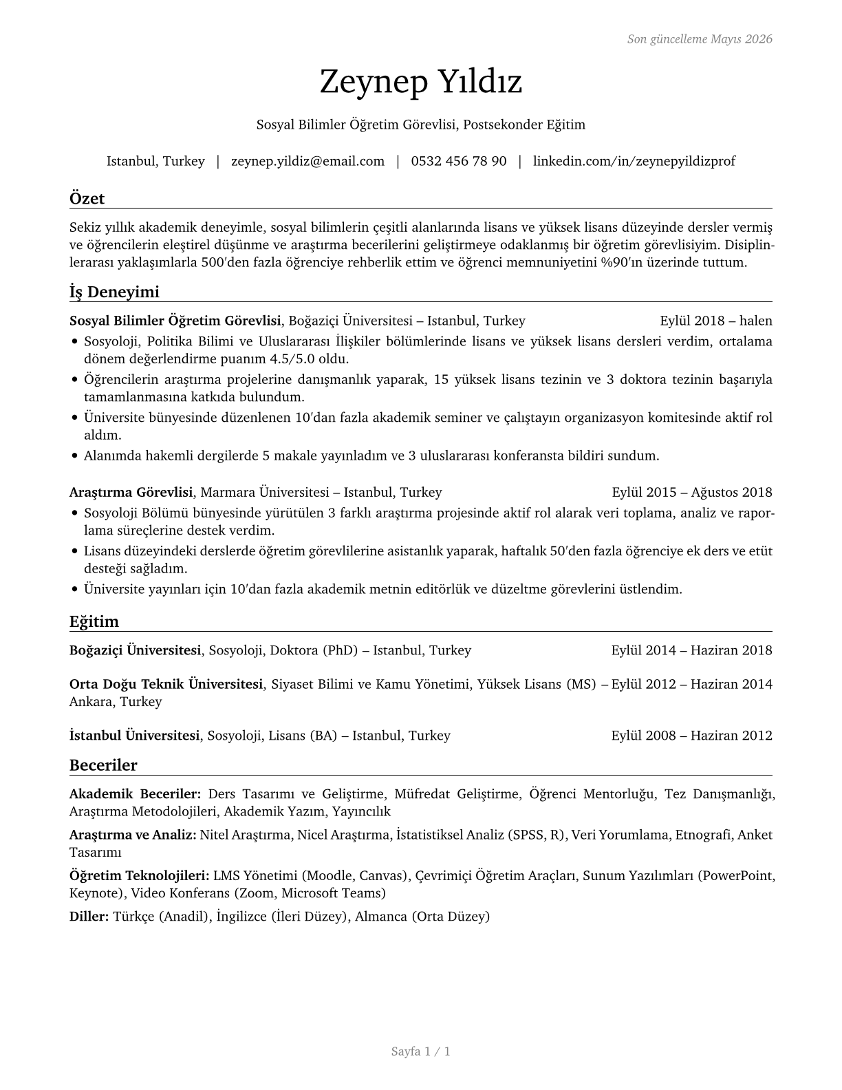 Social Sciences Teachers, Postsecondary, All Other CV in Turkish — page 1