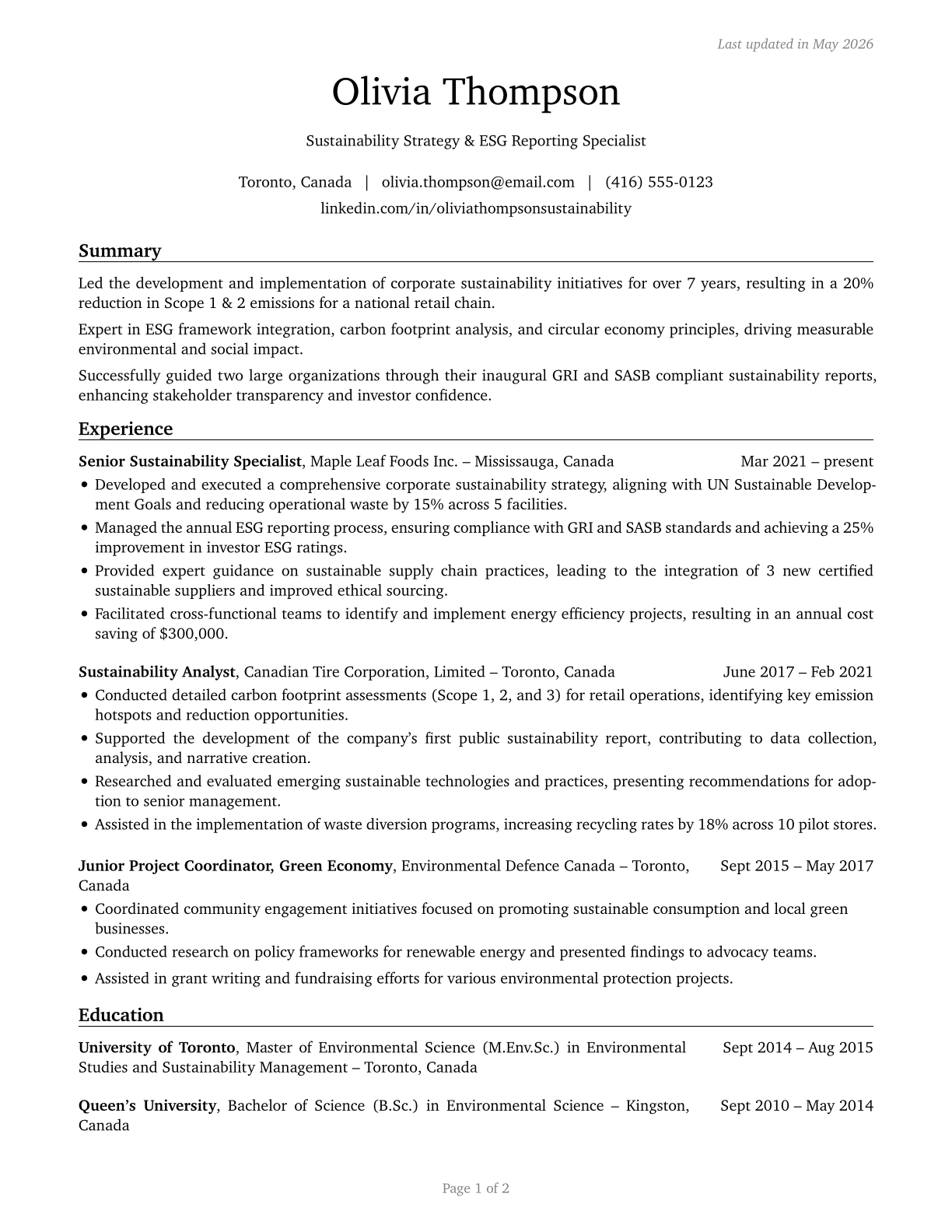 Sustainability Specialists CV in English — page 1