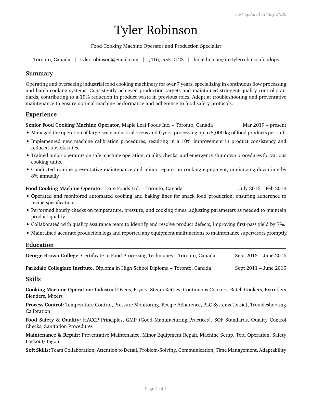 Food Cooking Machine Operators and Tenders CV in English — page 1