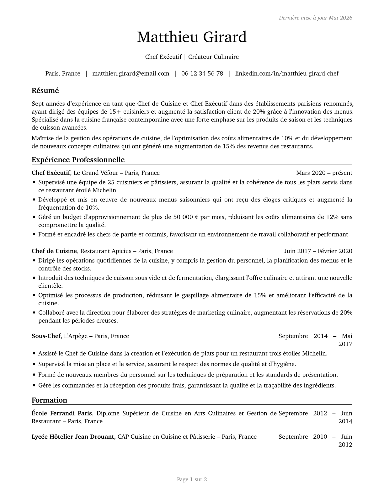 Chefs and Head Cooks CV in French — page 1