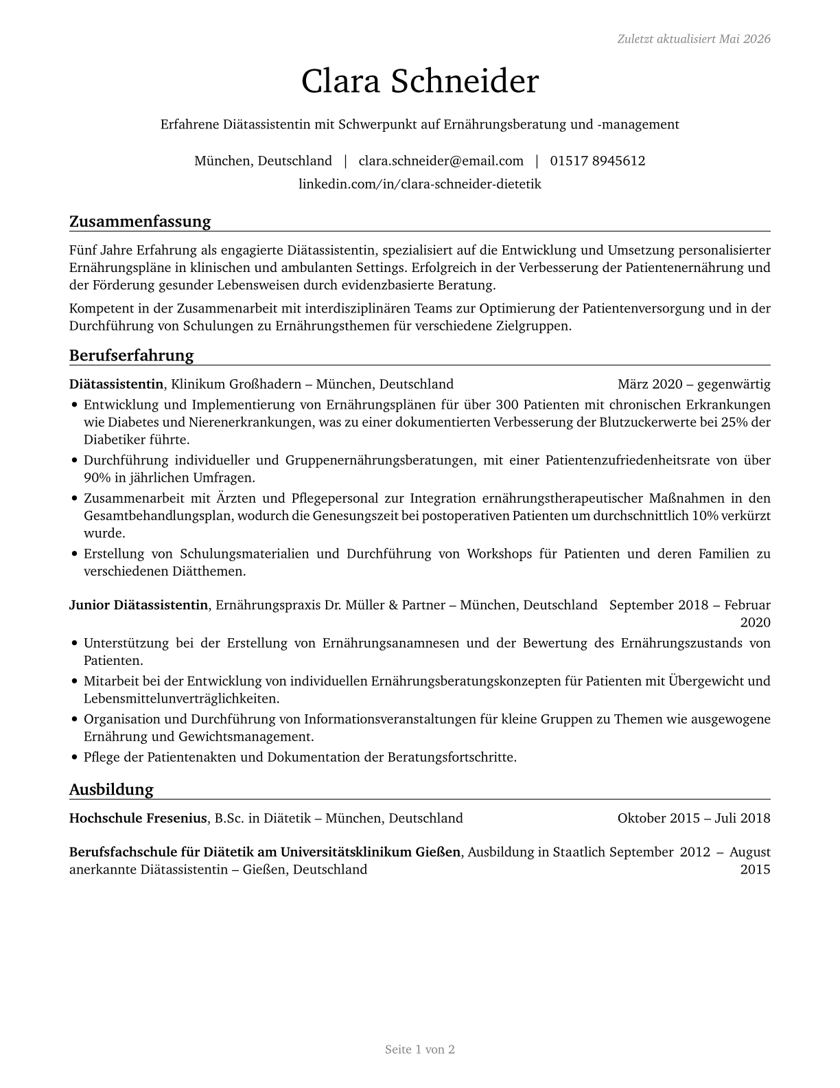Dietetic Technicians CV in German — page 1