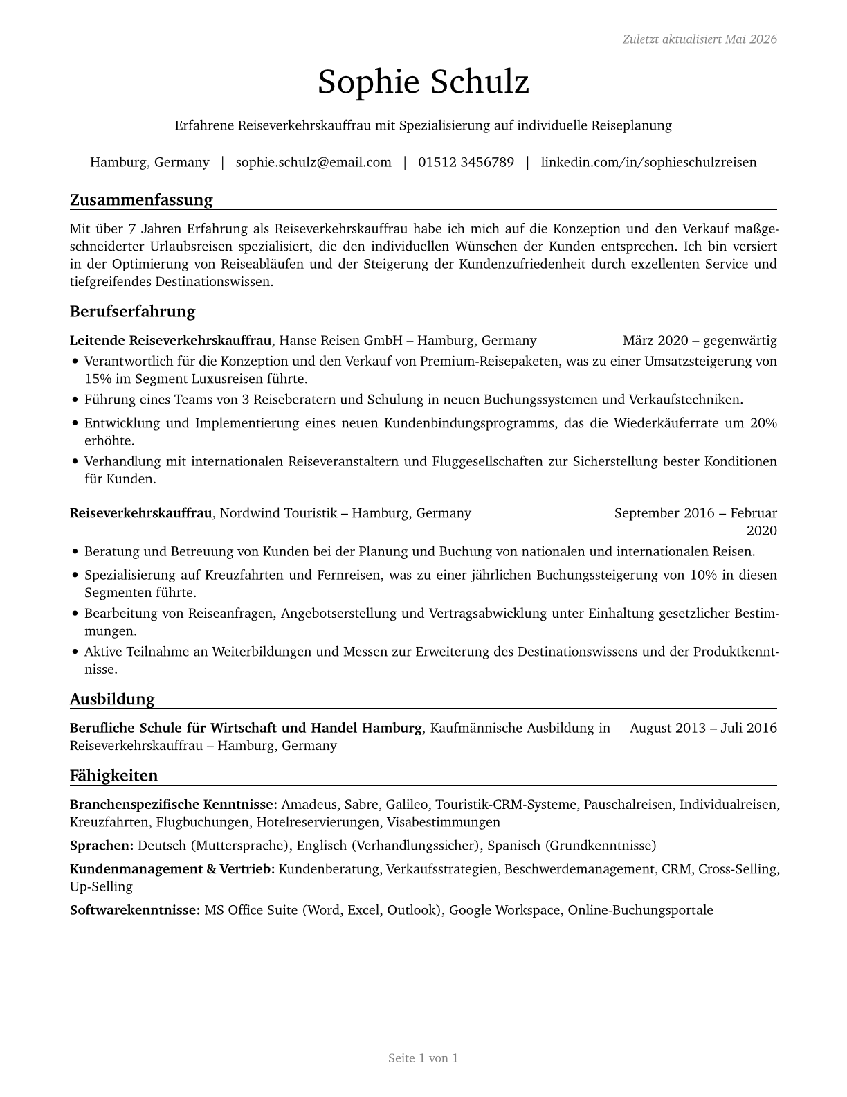Travel Agents CV in German — page 1