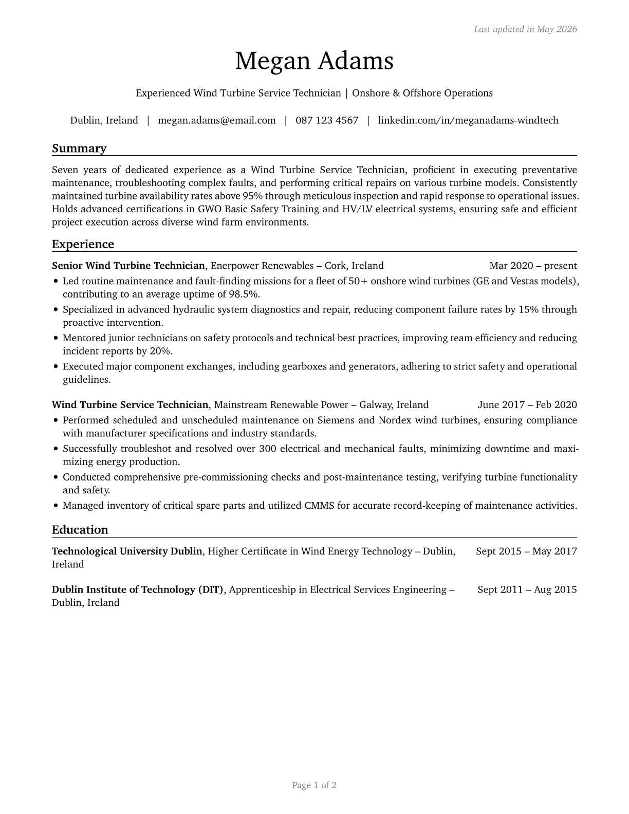 Wind Turbine Service Technicians CV in English — page 1