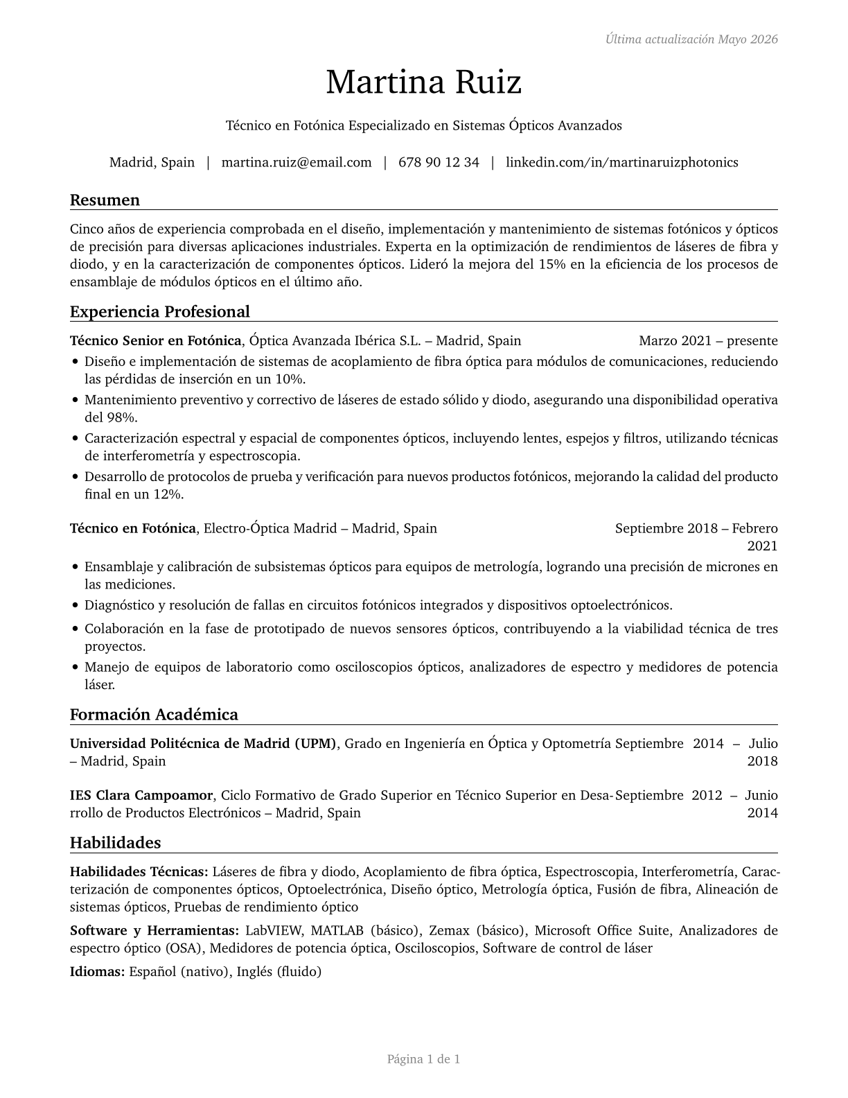 Photonics Technicians CV in Spanish — page 1