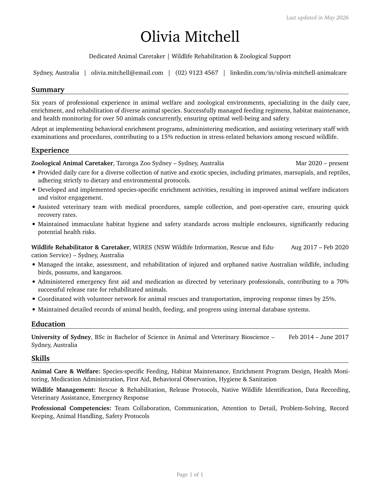 Animal Caretakers CV in English — page 1