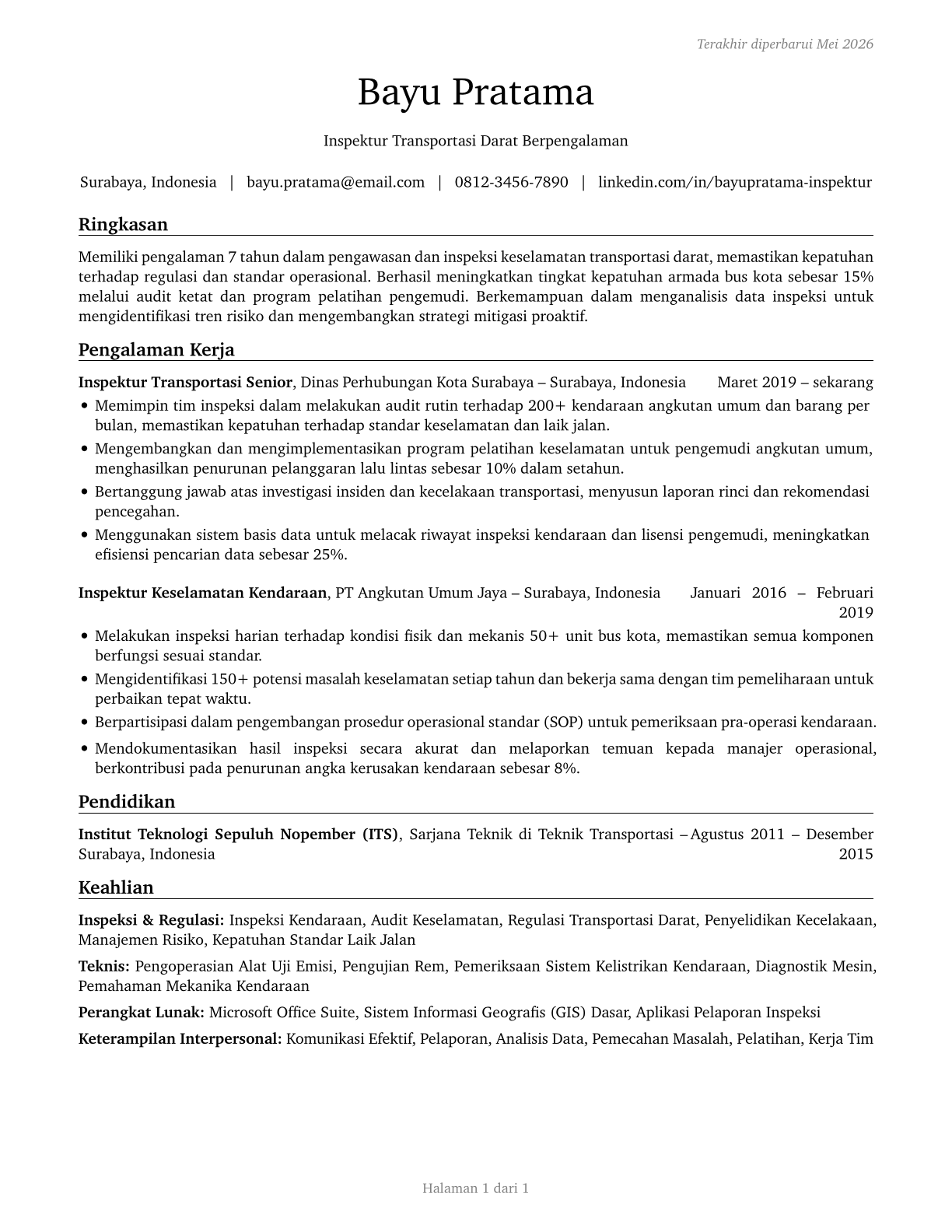 Transportation Inspectors CV in Indonesian — page 1
