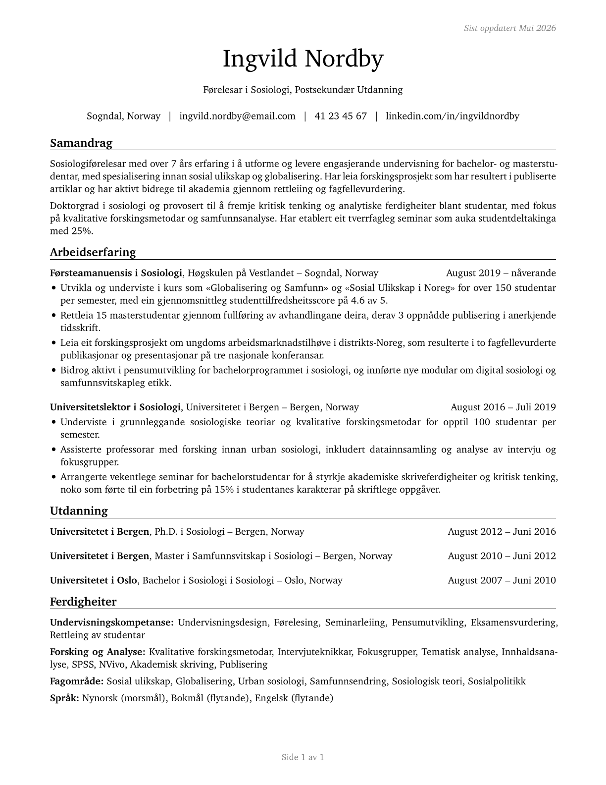 Sociology Teachers, Postsecondary CV in Norwegian_nynorsk — page 1