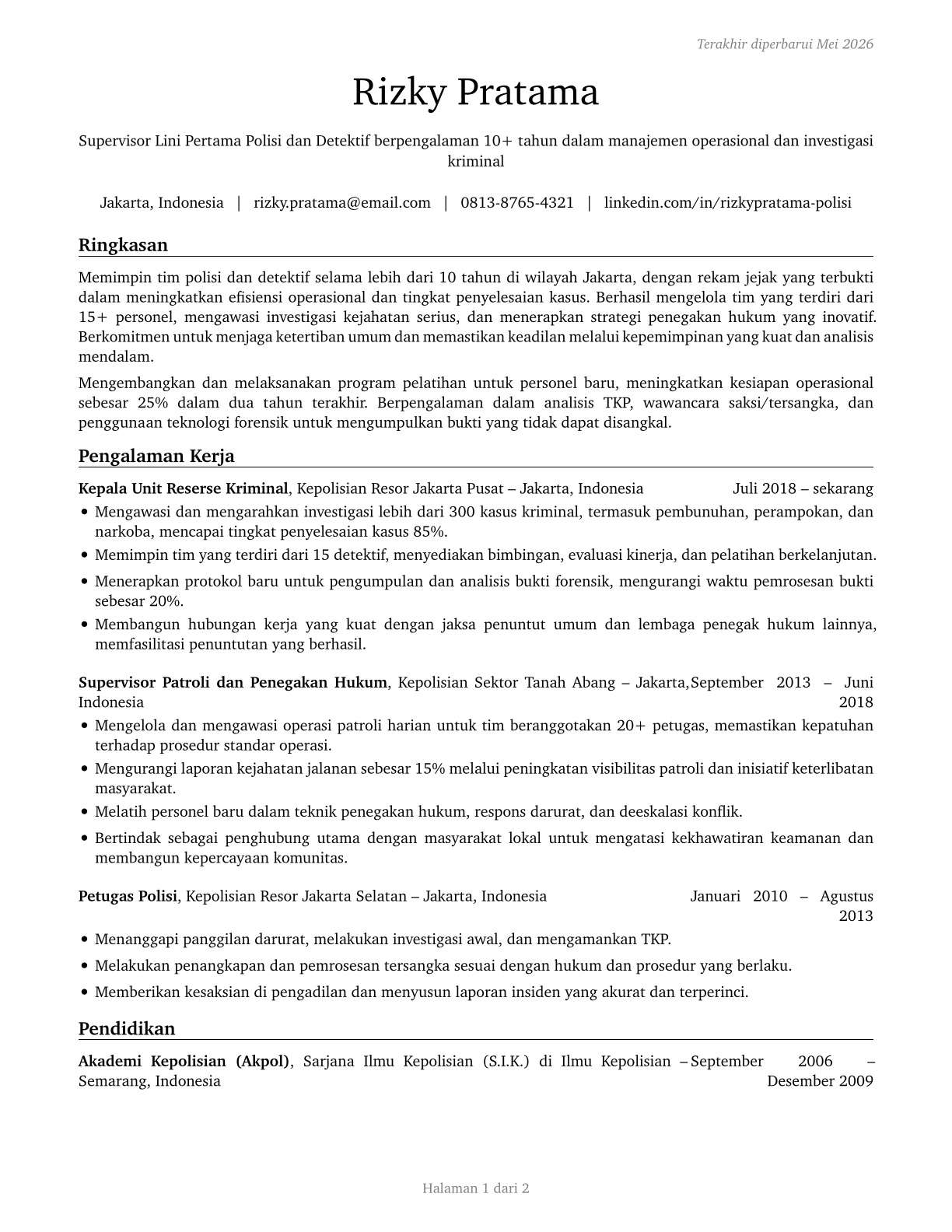 First-Line Supervisors of Police and Detectives CV in Indonesian — page 1