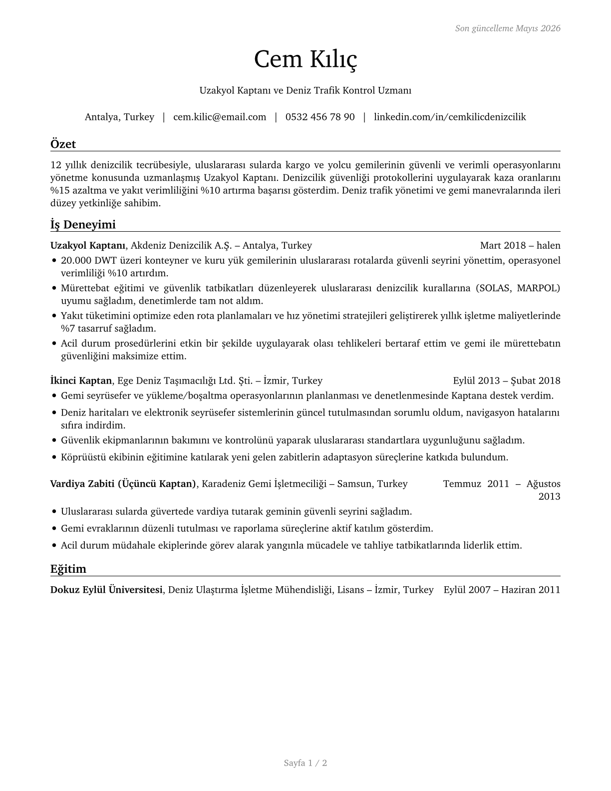 Captains, Mates, and Pilots of Water Vessels CV in Turkish — page 1