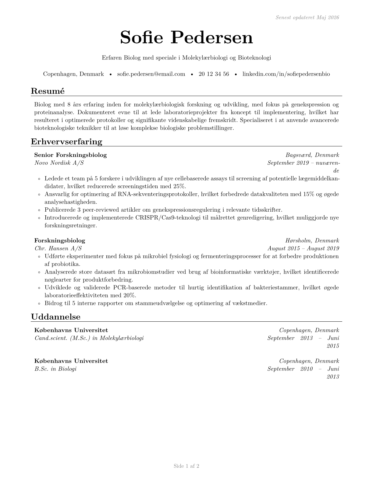 Biologists CV in Danish — page 1