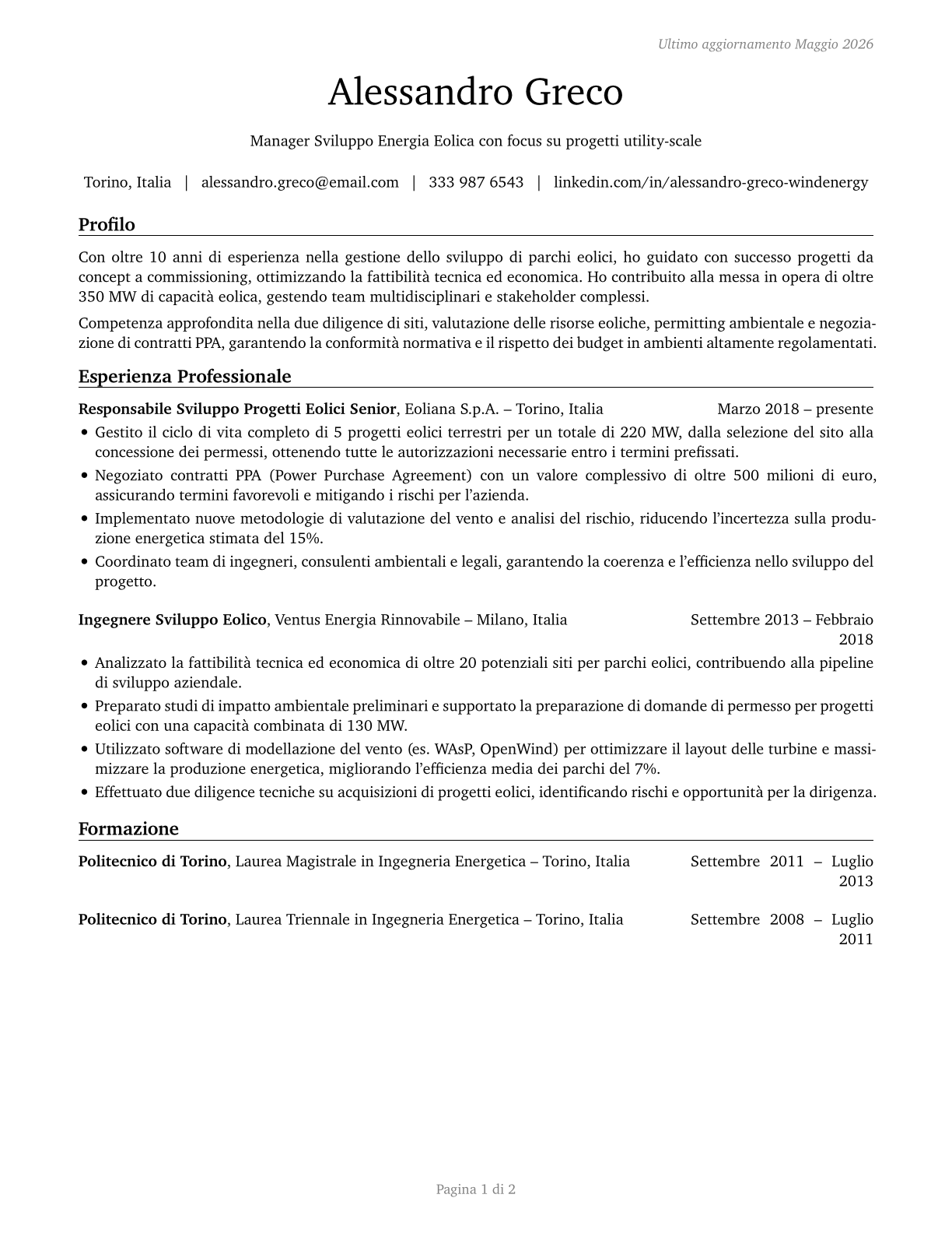 Wind Energy Development Managers CV in Italian — page 1