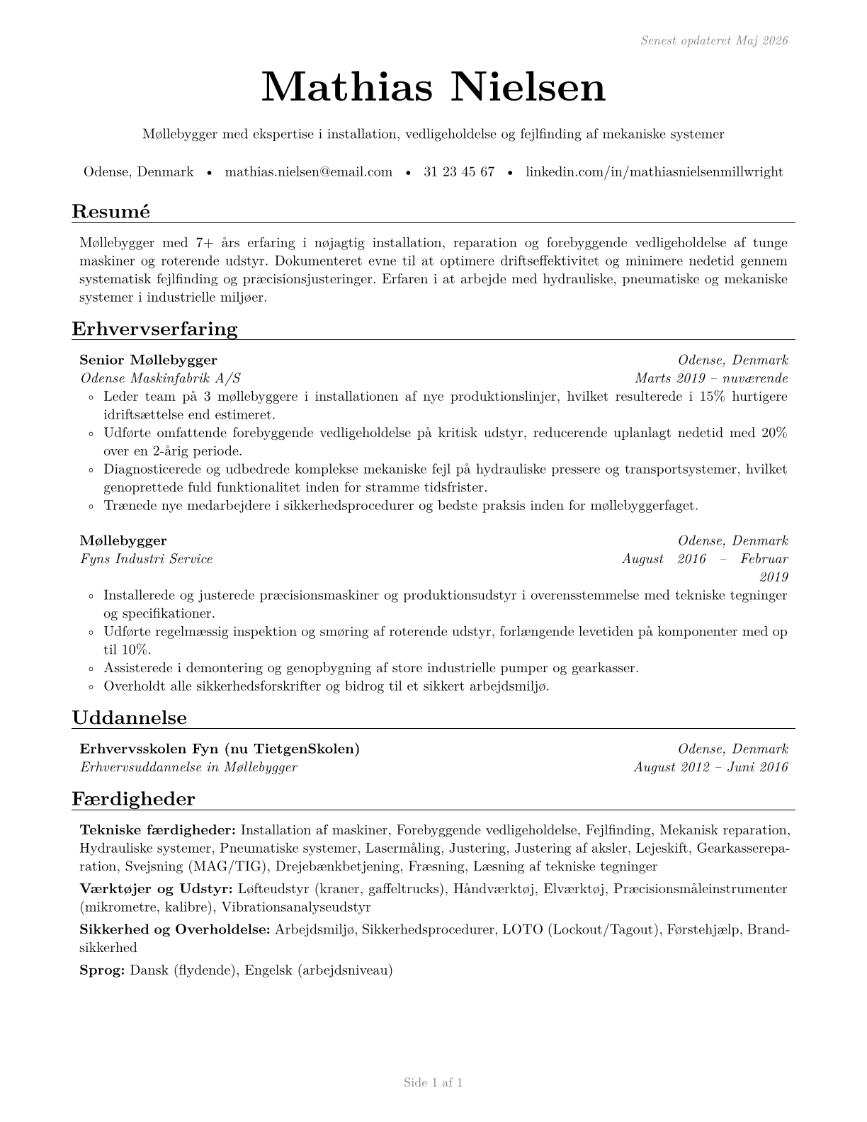 Millwrights CV in Danish — page 1