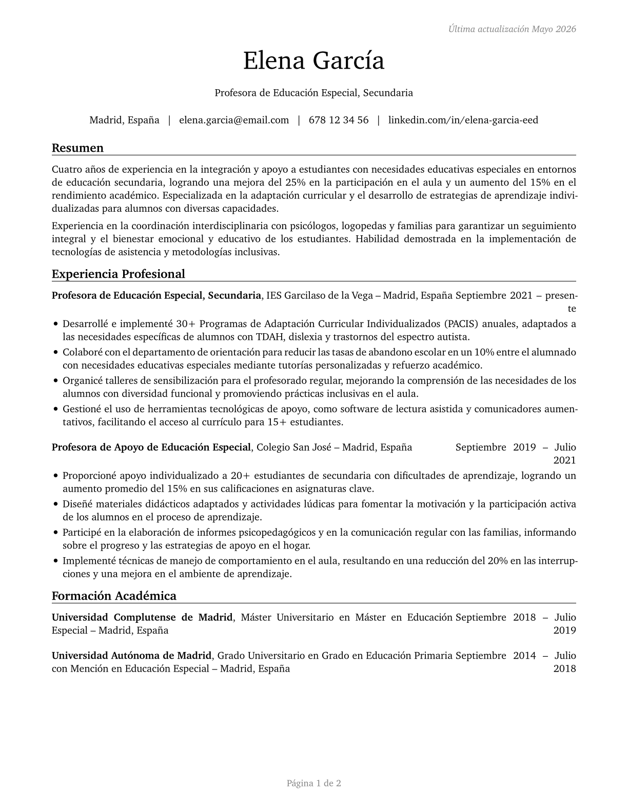Special Education Teachers, Secondary School CV in Spanish — page 1